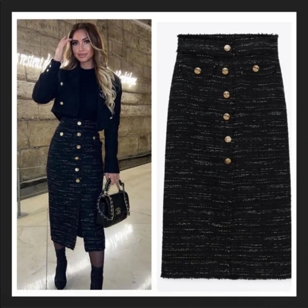 Zara Black Midi Skirt with Gold Buttons